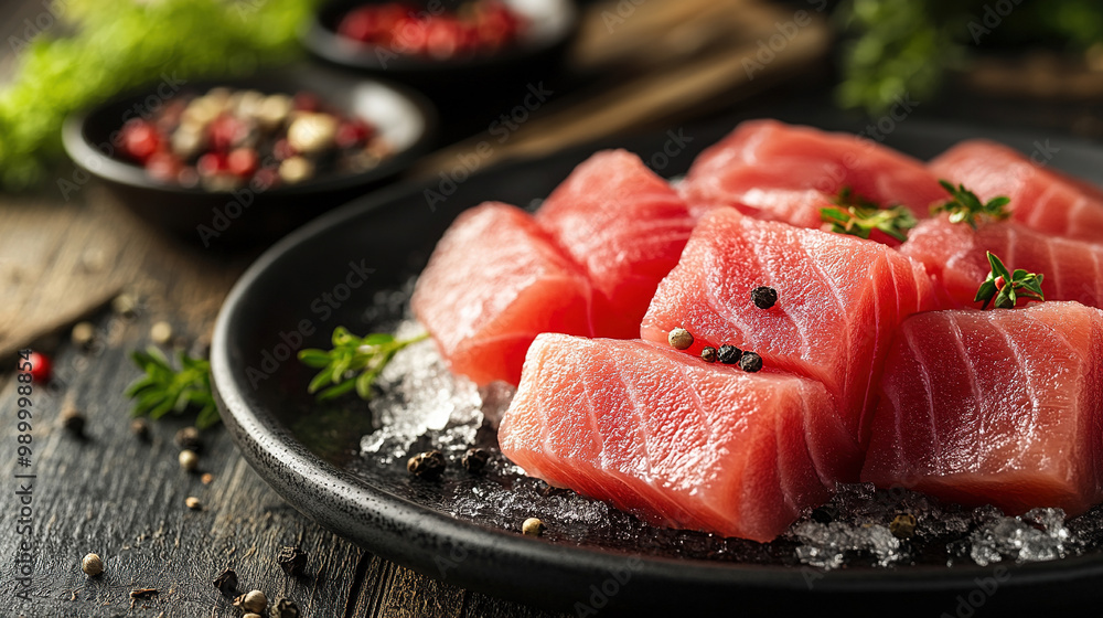 Colorful fresh salmon fillet with herbs and spices. Salmon and vegetables. Raw fish fillet. Healthy Food. Fresh meat for a sashimi plate with herbs. Salmon fish Colorful fresh salmon fillet with herbs and spices. Salmon and vegetables. Raw fish fillet. Healthy Food. Fresh meat for a sashimi plate with herbs. Salmon fish