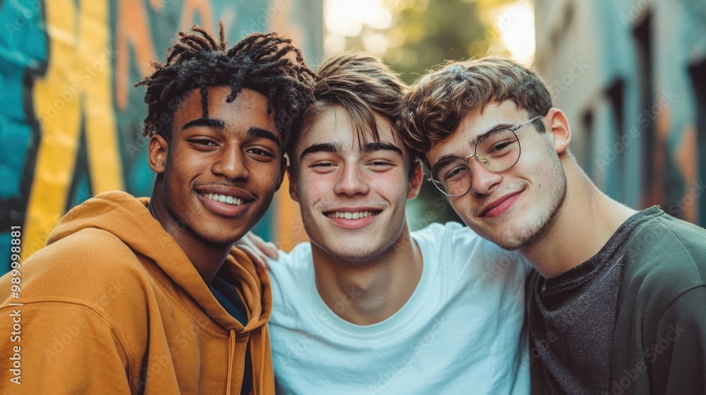 Three young men posing together for a candid group photo. Three young men posing together for a candid group photo.