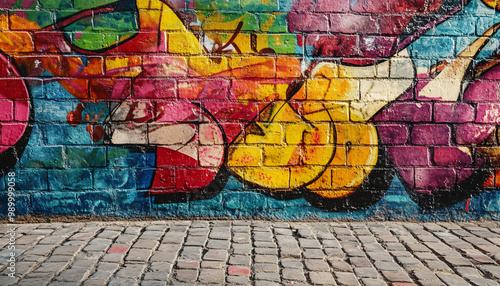 A graffiti-covered urban wall, showcasing vibrant colors, bold lines, and an edgy, artistic vibe