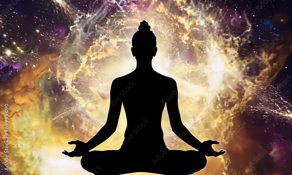 Silhouette of a person in meditative lotus position with cosmic background, Mind and spirituality Silhouette of a person in meditative lotus position with cosmic background, Mind and spirituality