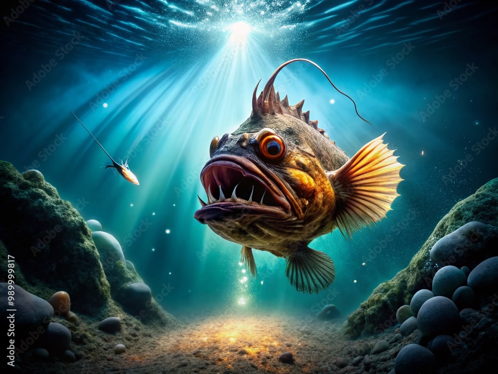 Unique underwater shot of a captivating angler fish with luminous lure in its natural habitat Unique underwater shot of a captivating angler fish with luminous lure in its natural habitat