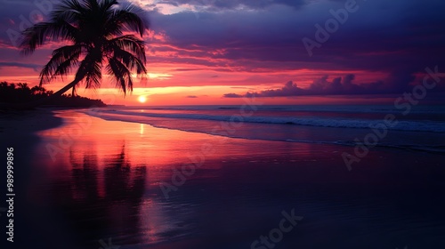 3. Un vibrante atardecer en una playa de Mexico, donde las siluetas de palmeras se recortan contra un cielo de tonos naranjas y rosas. La luz del sol se refleja en el agua, creando un ambiente magico