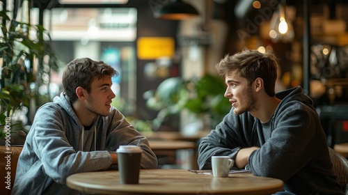 Two young men talking over a cup of coffee in a caf    .