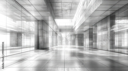 Modern architectural interior with glass and concrete elements.