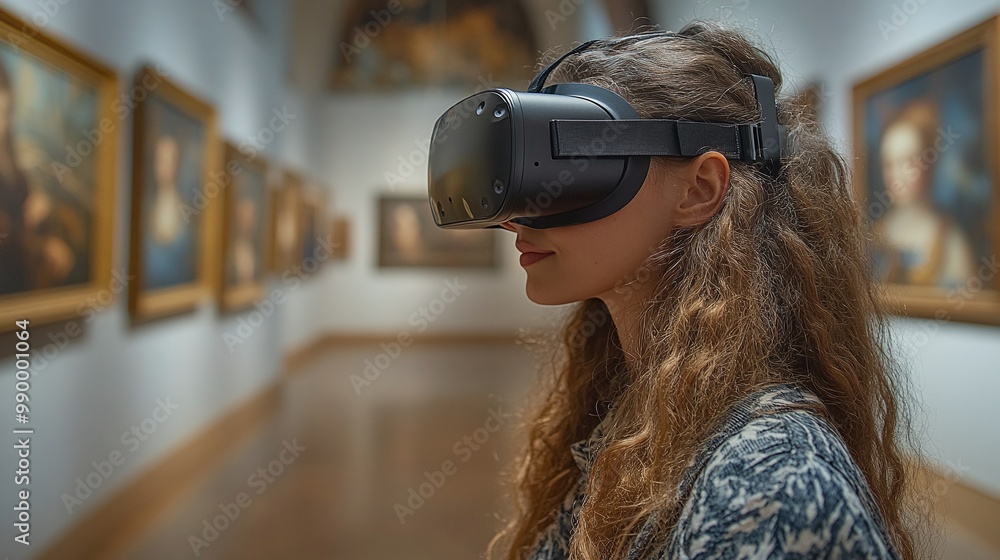 young woman using a virtual reality headset to embark on a virtual museum tour, visualizing an art gallery filled with paintings, blending technology and cultural experience seamlessly young woman using a virtual reality headset to embark on a virtual museum tour, visualizing an art gallery filled with paintings, blending technology and cultural experience seamlessly
