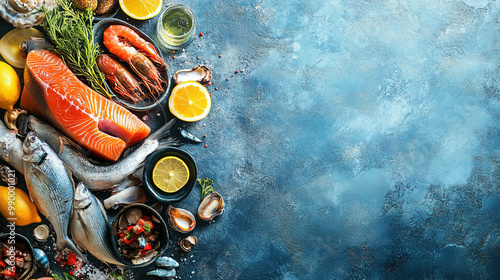 Seafood concept. Fresh sea food background. Fish and seafood products. Raw material fresh fish and seafood. Healthy food. Cooking ingredients. Copy space for text top view. 