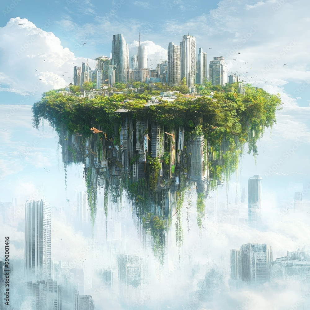 Fototapeta premium A floating island with greenery above a city skyline, symbolizing the coexistence of nature and urbanization.