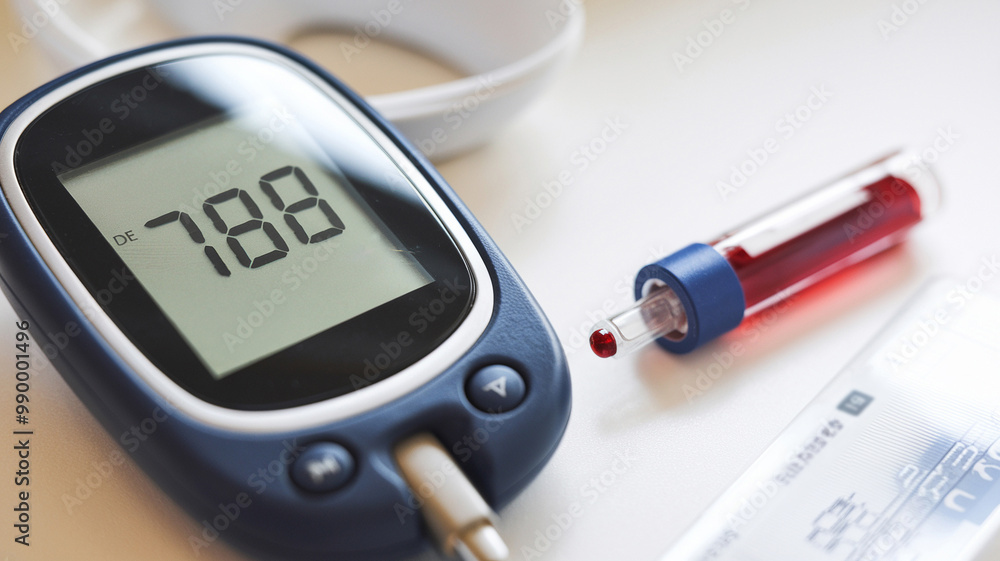 Glucose meter showing a reading of 7.8 with a filled test tube and blood sampling equipment on a white surface. Glucose meter showing a reading of 7.8 with a filled test tube and blood sampling equipment on a white surface.