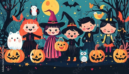 Festive Halloween stickers showing children in spooky costumes with playful pumpkins and owls.