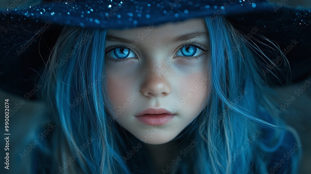 whimsical portrait of a young girl with blue hair dressed as a powerful magician or elf, radiating charm and creativity through her fantasy-inspired attire and playful demeanor whimsical portrait of a young girl with blue hair dressed as a powerful magician or elf, radiating charm and creativity through her fantasy-inspired attire and playful demeanor