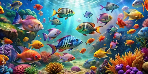 Vibrant 3D Wallpaper of Colorful Fish Swimming in a Lush Underwater Environment for Decor