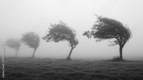 A foggy field with trees bent by strong winds, representing endurance against challenging weather.