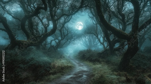 A foggy forest path with eerie shadows and a full moon glowing through the twisted branches of the trees.