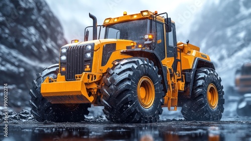 A bright orange construction vehicle on a rocky terrain.