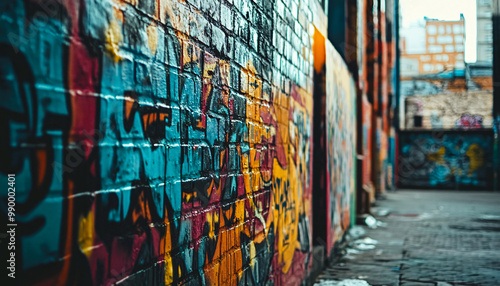 A graffiti-covered urban wall, showcasing vibrant colors, bold lines, and an edgy, artistic vibe
