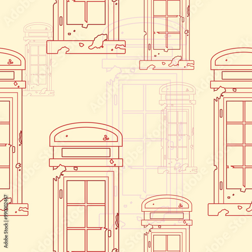 Editable Front View Red Typical Traditional English Telephone Booth in Outline Grunge Style Vector Illustration as Seamless Pattern for England Culture Tradition and History Related Background Design