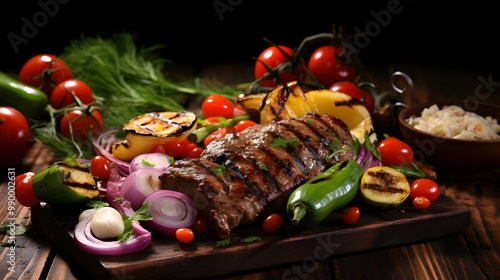 Grilled beef steak with black lentils and mixed vegetables