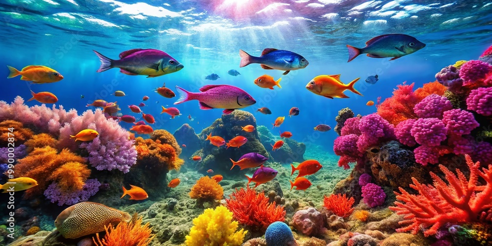 Naklejka premium Vibrant Aegean Sea Fish Swimming Amongst Colorful Coral Reefs in Crystal Clear Turquoise Waters