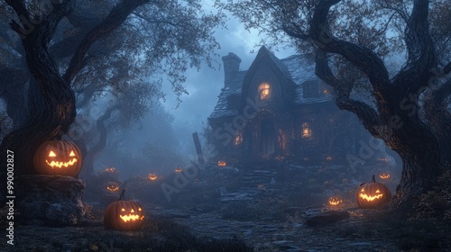 A foggy night with a haunted house in the distance, surrounded by twisted trees and glowing jack-o'-lanterns.