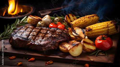 Grilled beef steak with black lentils and mixed vegetables