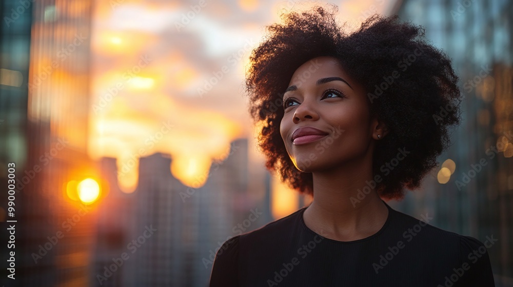 successful Black businesswoman standing in a vibrant city street at sunset, surrounded by towering skyscrapers, contemplating her vision for success and new investment opportunities successful Black businesswoman standing in a vibrant city street at sunset, surrounded by towering skyscrapers, contemplating her vision for success and new investment opportunities