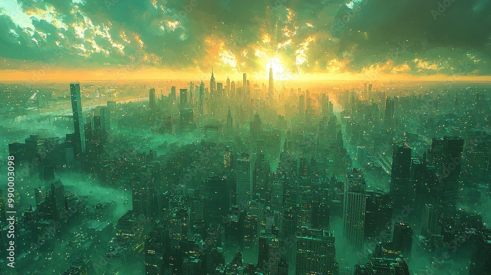 Fototapeta premium Cityscape with Green Mist and Sunset