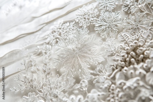 Close-up of Delicate White Snowflakes on a Soft, White Background