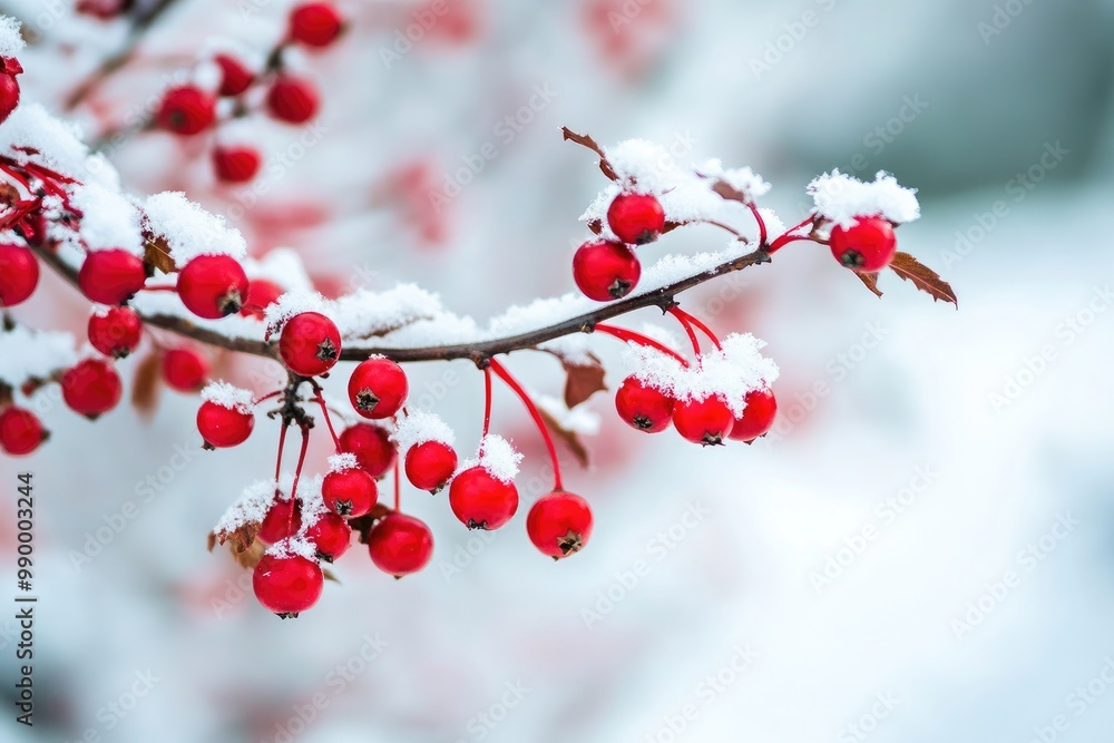 Red Berries Covered in Snow on a Branch Red Berries Covered in Snow on a Branch