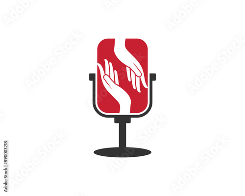 Podcast mic with helping hand inside logo