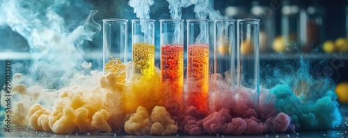 Panoramic view of a vibrant food lab, macro photography of scientific culinary experiments, colors exploding in harmony photo