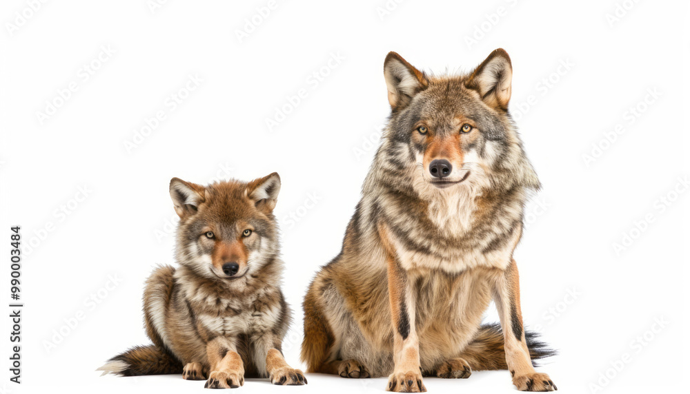 A mother wolf and her cub sit side by side on the ground, in a detailed ...