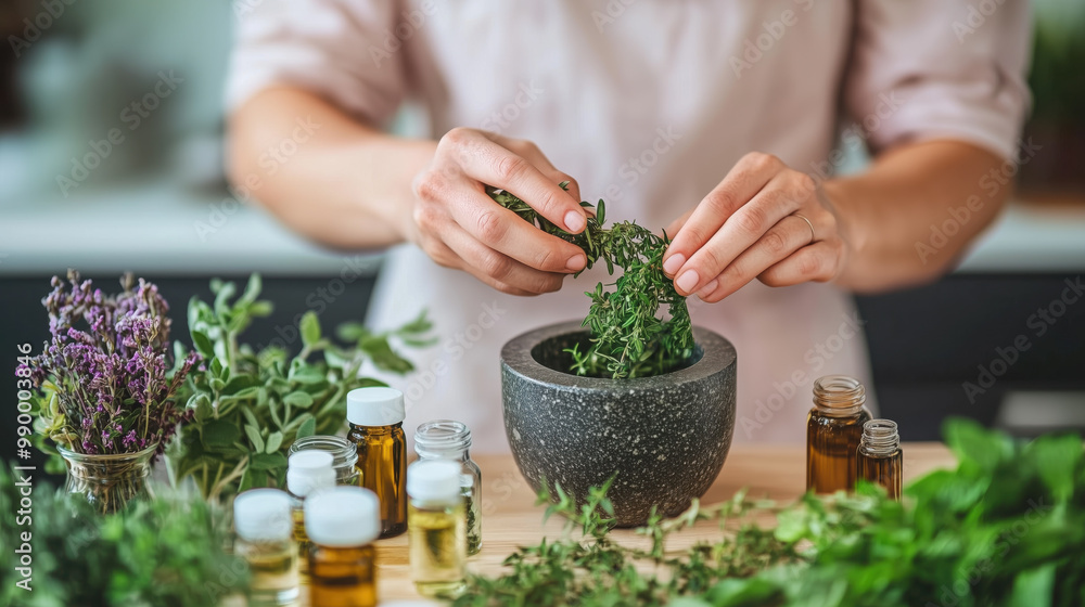 In peaceful home setting, individual prepares herbs for essential oils In peaceful home setting, individual prepares herbs for essential oils