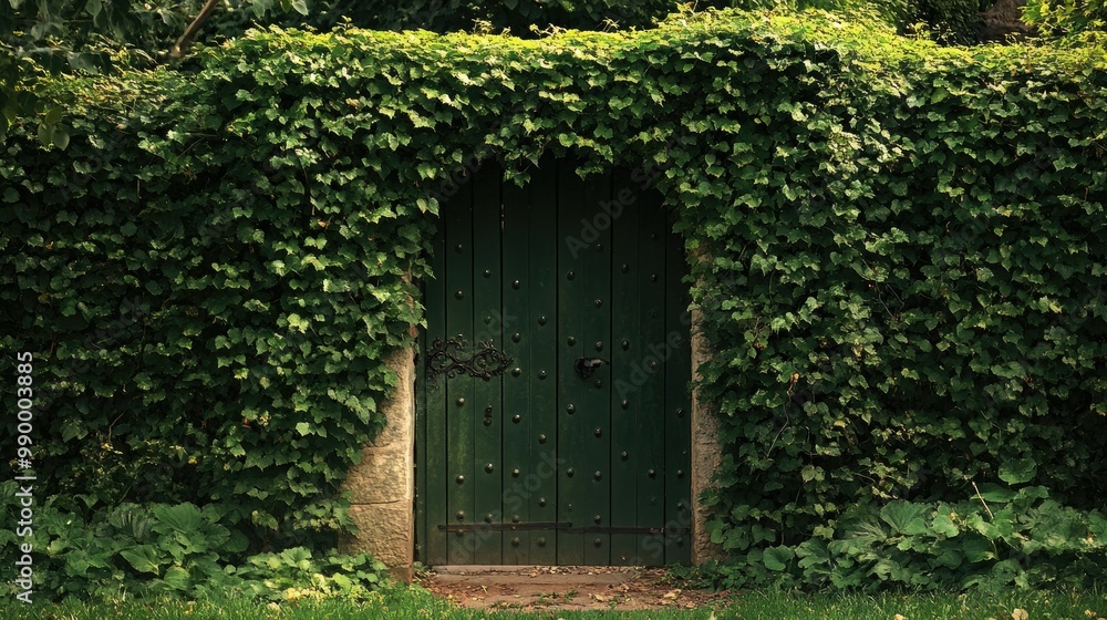 A garden gate adorned with ivy, inviting visitors into a serene, green haven. A garden gate adorned with ivy, inviting visitors into a serene, green haven.