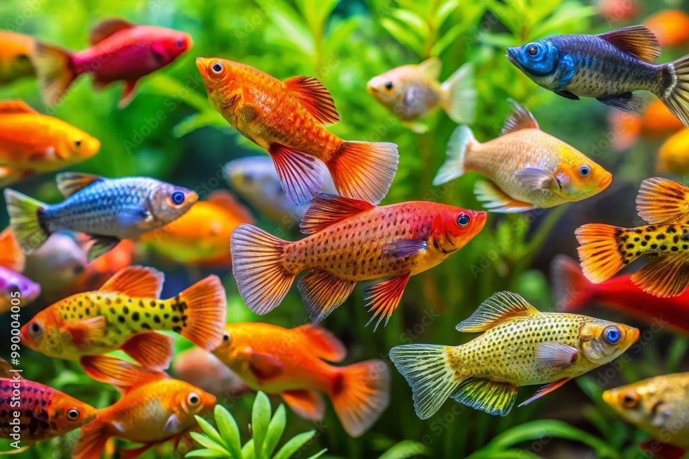 Vibrant and Colorful Varieties of Molly Fish Swimming in a Freshwater Aquarium Environment Vibrant and Colorful Varieties of Molly Fish Swimming in a Freshwater Aquarium Environment