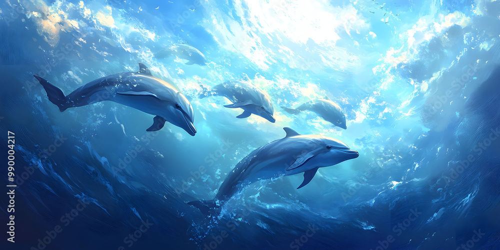 Fototapeta premium Dolphins swimming gracefully in serene ocean