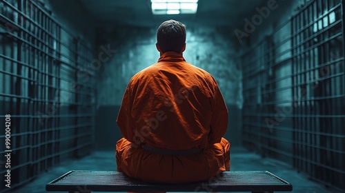solitary figure of a man in an orange jumpsuit seated on a prison cell bench, back view capturing the essence of confinement, emotional turmoil, and the stark reality of incarceration