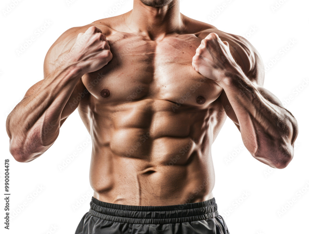 Fototapeta premium Wysportowany mężczyzna ubrany w krótkie spodenki i podkoszulek pokazuje swoje bicepsy, odizolowane na przezroczystym tle, na szczegółowym zdjęciu zrobionym przy świetle naturalnym na prostym tle studyjnym.