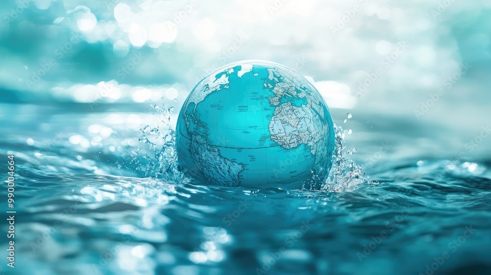 A globe half-submerged in water, representing the environmental impacts of climate change on the world. A globe half-submerged in water, representing the environmental impacts of climate change on the world.