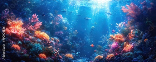 Side view of a vibrant fantasy kingdom, deep underwater, shimmering corals and glowing sea creatures, magical ambiance