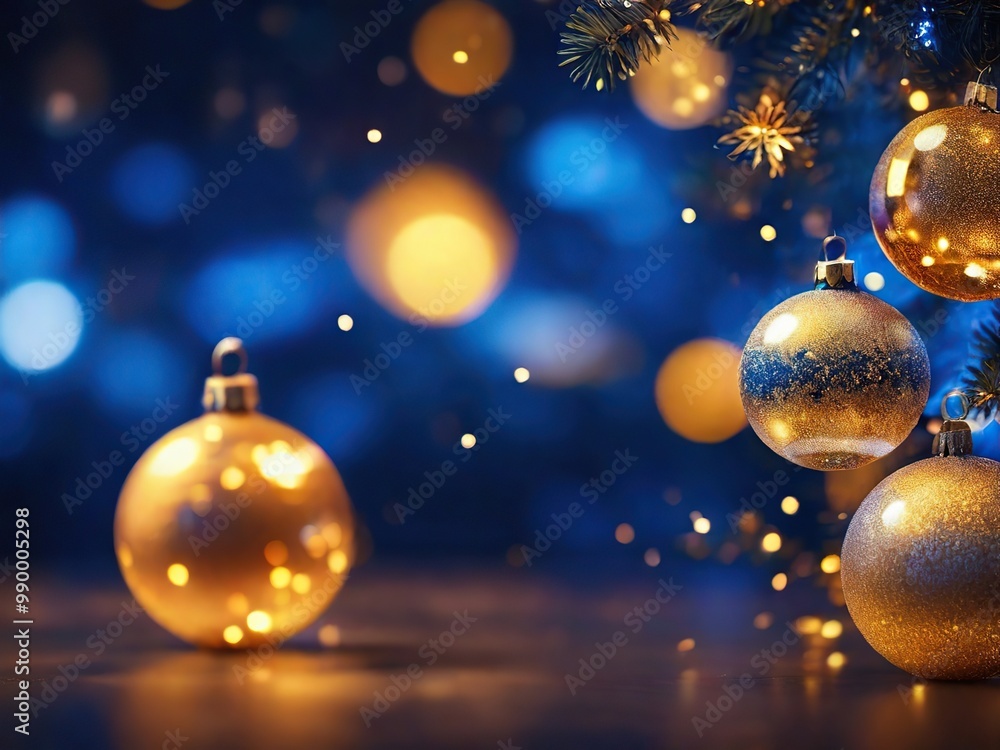 Festive composition with golden Christmas tree balls on the background of blue bokeh, creating the atmosphere of Christmas and the New Year Festive composition with golden Christmas tree balls on the background of blue bokeh, creating the atmosphere of Christmas and the New Year