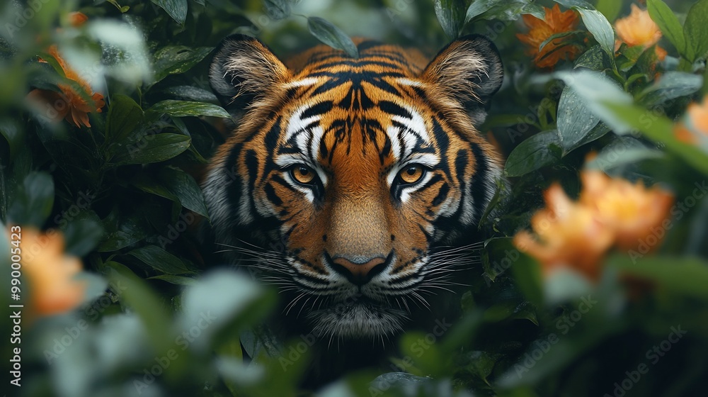 A tiger peering out from behind a thicket of green leaves. A tiger peering out from behind a thicket of green leaves.