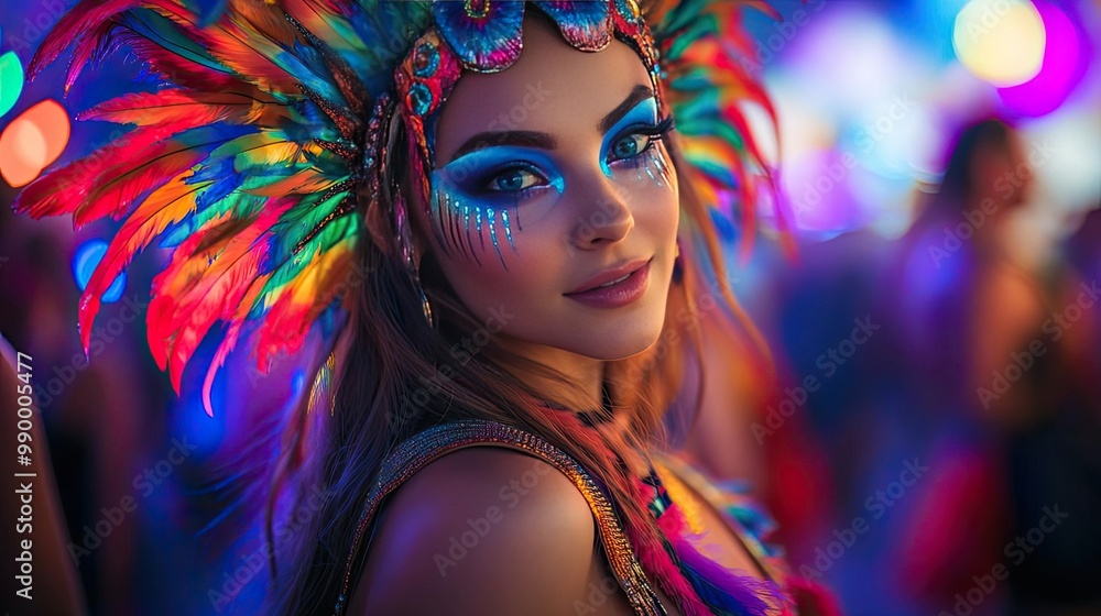 Fototapeta premium Tilted angle view of a dancer in a futuristic costume, vibrant lights reflecting organic designs, at an eco-friendly festival
