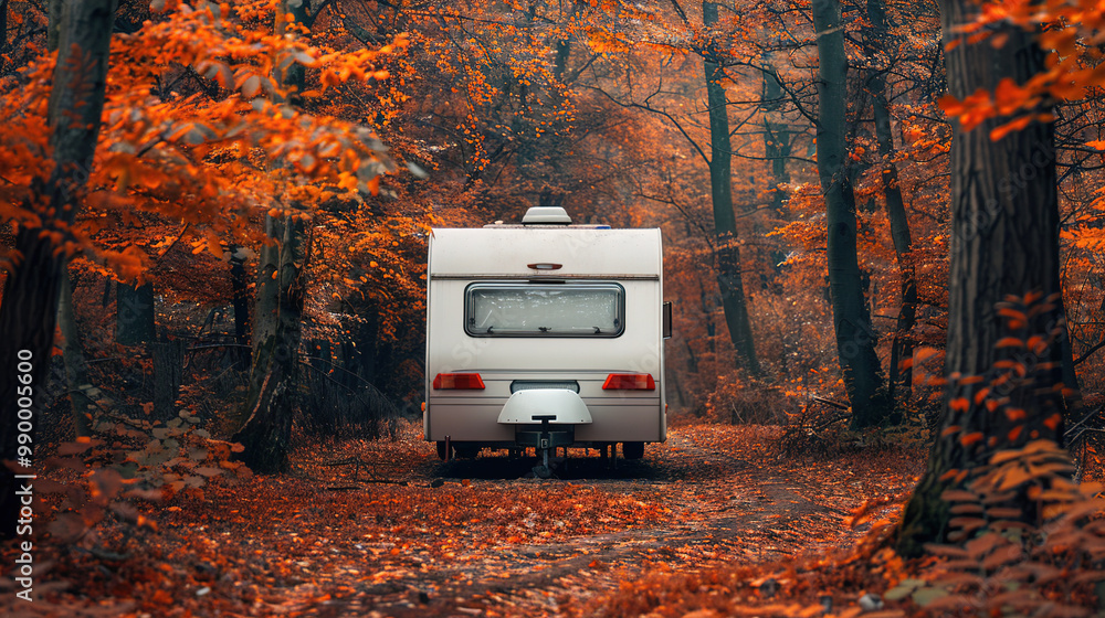 A travel trailer is parked in an autumn forest with orange and yellow leaves on the trees, creating a beautiful backdrop for a vacation or family trip concept A travel trailer is parked in an autumn forest with orange and yellow leaves on the trees, creating a beautiful backdrop for a vacation or family trip concept