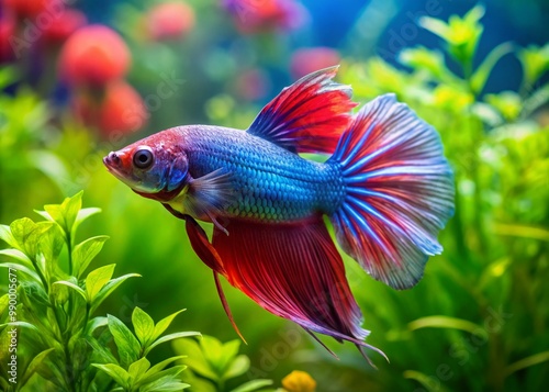 Vibrant Betta Fish Swimming Gracefully in Clear Water with Lush Green Aquatic Plants Around It