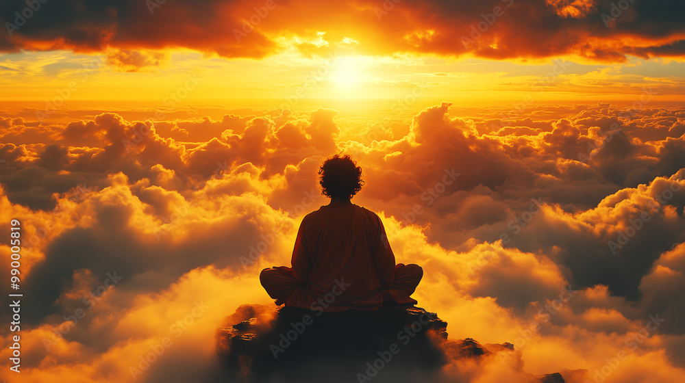 Silhouette of a person meditating above the clouds at sunrise Silhouette of a person meditating above the clouds at sunrise