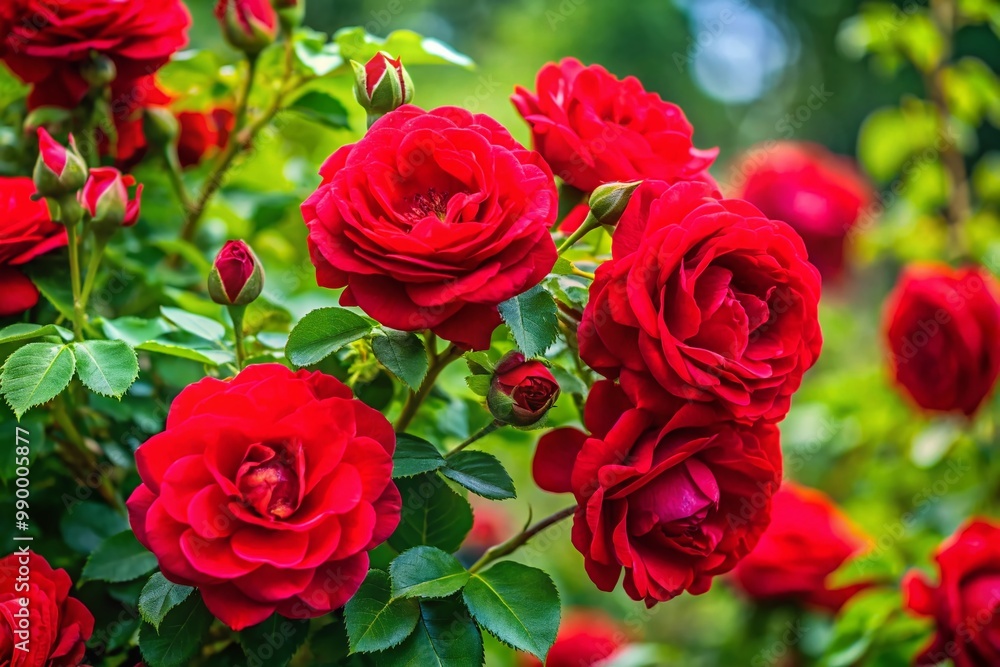 Vibrant Blazin Rose Plant with Striking Red Flowers and Lush Green Foliage in Natural Environment Vibrant Blazin Rose Plant with Striking Red Flowers and Lush Green Foliage in Natural Environment