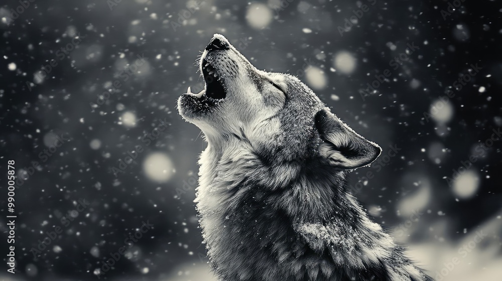 Tilted angle view of a wolf howling amidst swirling snowflakes, dramatic black and white contrast, emotive atmosphere Tilted angle view of a wolf howling amidst swirling snowflakes, dramatic black and white contrast, emotive atmosphere