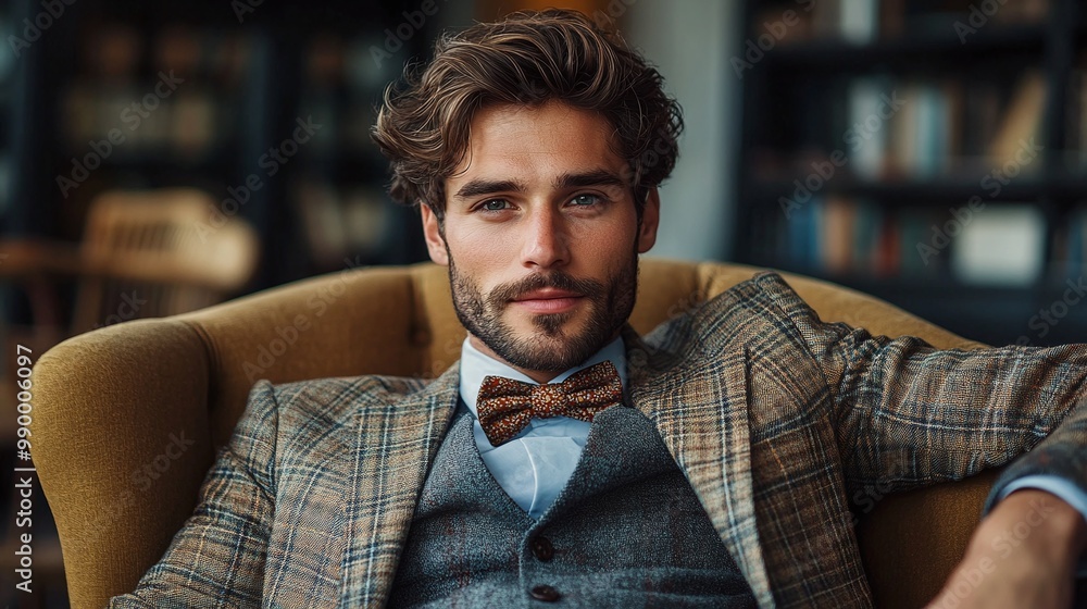 Naklejka premium portrait of a young man dressed in a suit and bow tie, seated in an armchair and looking confidently at the camera, capturing his elegance and charming personality