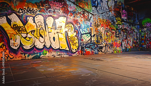 A graffiti-covered urban wall, showcasing vibrant colors, bold lines, and an edgy, artistic vibe