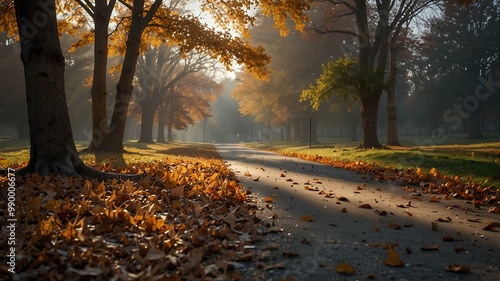 Chill in the Autumn Air. A crisp autumn morning with frost on the leaves and soft sunlight warming the cool air. Realistic style. photo